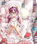  barefoot bed book bra breasts cleavage crescent crescent_hair_ornament dress dress_lift fifiruu hair_ornament hat large_breasts lifted_by_self long_hair navel panties patchouli_knowledge pink_bra pink_panties purple_eyes purple_hair solo touhou underwear wide_hips 