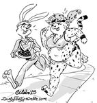  belly big_belly bra breasts cheetah clothed clothing exercise feline female headband lagomorph male mammal nipples overweight pants rabbit running skimpy sprinting sweat thick_thighs underwear 