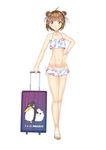  2_fuel_4_ammo_11_steel absurdres alternate_costume bikini brown_eyes brown_hair double_bun failure_penguin hand_on_hip highres kantai_collection luggage miss_cloud naka_(kantai_collection) navel reon-shi revision short_hair solo swimsuit 