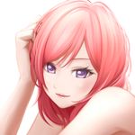  bare_shoulders bon_nob hand_in_hair light_smile looking_at_viewer love_live! love_live!_school_idol_project nishikino_maki parted_lips portrait purple_eyes red_hair short_hair simple_background smile solo white_background 