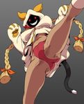  animal_hood bad_id bad_pixiv_id blazblue breasts cat_hood cat_tail dark_skin grey_background hood hyouzou_(xghsnx) large_breasts long_hair panties red_panties sharp_teeth smile solo spread_legs tail taokaka teeth underwear 