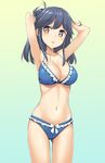  :o ahoge armpits arms_behind_head arms_up bikini blue_bikini blue_hair bow bow_bikini breasts brown_eyes cleavage collarbone cowboy_shot frilled_bikini frills gradient gradient_background kantai_collection large_breasts long_hair midriff navel o-ring o-ring_top open_mouth shiny shiny_skin solo swimsuit takayaki ushio_(kantai_collection) white_bow 