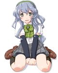  :d arm_warmers bike_shorts blush bow dd_(ijigendd) dress_shirt green_bow green_hairband grey_eyes grey_hair hairband kantai_collection loafers long_hair looking_at_viewer open_mouth plaid plaid_bow school_uniform shirt shoes short_sleeves sitting smile solo wariza white_shirt yamagumo_(kantai_collection) 