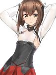  armpits arms_behind_head arms_up brown_eyes brown_hair flat_chest headband headgear isshiki_(ffmania7) kantai_collection looking_at_viewer pleated_skirt red_skirt short_hair simple_background skirt solo taihou_(kantai_collection) white_background 