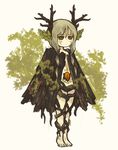  antlers barefoot beige_background bodypaint brooch cape expressionless facepaint full_body gem green_sclera grey_hair ivy jewelry jitome leaf long_hair moss multicolored multicolored_eyes no_bra no_panties original plant satsumai solo standing tree wood 