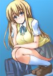  blonde_hair blue_eyes highres k-on! kotobuki_tsumugi long_hair sakuragaoka_high_school_uniform school_uniform shinshin solo squatting 