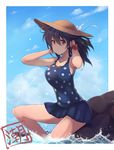  arms_behind_head black_hair blue_sky bow breasts character_name cloud collarbone day dyson_(edaokunnsaikouya) hat hat_bow kantai_collection large_breasts long_hair md5_mismatch one-piece_swimsuit orange_eyes polka_dot polka_dot_swimsuit red_bow rock scrunchie sitting sky soaking_feet solo sun_hat swimsuit ushio_(kantai_collection) water white_bow wrist_scrunchie 