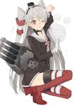  amatsukaze_(kantai_collection) breasts brown_eyes cannon gloves hair_tubes hairband hayashi_kewi highres kantai_collection long_hair machinery mecha_musume one_eye_closed revision school_uniform serafuku silver_hair small_breasts solo striped striped_legwear thighhighs two_side_up very_long_hair white_gloves zettai_ryouiki 