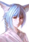  animal_ears arsenixc blue_hair blush cat_ears japanese_clothes kimono original portrait red_eyes simple_background solo twintails 