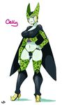  breasts cell_(dragon_ball) dragon_ball dragon_ball_z full_body genderswap genderswap_(mtf) green_skin hand_on_hip high_heels highres large_breasts lightsource panties parted_lips perfect_cell simple_background smile solo standing underwear 