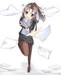 alternate_costume binder blush brown_eyes brown_hair dropping formal high_heels jacket kanisaka_shizuku kantai_collection long_hair office_lady open_mouth outstretched_hand pantyhose paper pencil_skirt ponytail skirt skirt_suit solo suit wavy_mouth zuihou_(kantai_collection) 