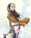  ass axe belt black_hair blush breasts cosplay friday_the_13th gloves gradient gradient_background hockey_mask jacket jason_voorhees_(cosplay) long_hair mask red_eyes the_ring torn_jeans weapon yamamura_sadako 