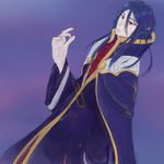  1boy arc_system_works artist_request black_hair blazblue blazblue:_bloodedge_experience cape clavis_alucard fingernails light_smile long_fingernails long_hair pointy_ears purple_background red_eyes robe sharp_fingernails simple_background smile solo vampire younger 