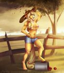  2015 absurd_res anthro anthrofied apple applejack_(mlp) areola blonde_hair breasts clothing cutie_mark earth_pony eleacat equine female fence fetlocks freckles friendship_is_magic fruit grass green_eyes hair hat hi_res hooves horse leaves long_hair looking_at_viewer mammal my_little_pony navel nipples outside pony shorts smile solo tree 