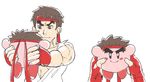  2boys blush brown_eyes brown_hair crossover hair headband human inkerton-kun kirby kirby_(series) male mammal multiple_boys nintendo ryu ryuu_(street_fighter) simple_background street_fighter super_smash_bros super_smash_bros. video_games 