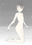  closed_eyes collarbone greyscale kantai_collection kneeling monochrome no_navel no_nipples no_pussy nude pun shirayuki_(kantai_collection) short_hair short_twintails smile snow snowing solo taruya twintails white_skin 