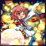  alcohol beer beer_mug cup drum holding holding_cup horikawa_raiko instrument jewelry lowres necklace one_eye_closed pote_(ptkan) red_eyes red_hair short_hair solo touhou 