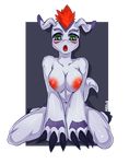 anthro blush breast_squish breasts claws digimon facial_markings female fur gomamon green_eyes hair kneeling krells looking_at_viewer markings navel nipples nude open_mouth red_hair solo white_fur 