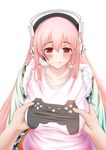  bad_id bad_pixiv_id blush breast_grab breasts controller dualshock game_controller gamepad grabbing headphones highres hoshi_yoshimi large_breasts long_hair looking_at_viewer nitroplus open_mouth pink_hair red_eyes solo_focus super_sonico tears 