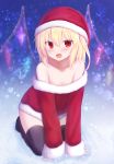  1girl :o arm_support bangs bare_shoulders black_legwear blonde_hair blurry blush bokeh christmas collarbone depth_of_field dress fang firepo flandre_scarlet full_body fur-trimmed_sleeves fur_trim hair_between_eyes hat highres kneeling leaning_forward long_sleeves looking_at_viewer no_shoes off-shoulder_dress off_shoulder open_mouth red_dress red_eyes red_hat santa_costume santa_hat short_hair sleeves_past_wrists solo thighhighs touhou 