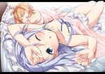  aqua_eyes arm_up bed blue_hair blush breasts brown_hair collarbone downblouse drooling gochuumon_wa_usagi_desu_ka? highres hoto_cocoa kafuu_chino letterboxed long_hair looking_at_viewer lying mousou_(mousou_temporary) multiple_girls nipple_slip nipples on_back on_stomach one_eye_closed open_mouth pillow short_hair sleeping small_breasts strap_slip thigh_gap tippy_(gochiusa) wavy_mouth 