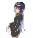  1girl bangs black_hair brown_eyes casual closed_mouth commentary_request cup dress eyebrows_visible_through_hair from_side frown girls_und_panzer hairband half-closed_eyes hand_in_pocket holding holding_cup hood hoodie long_hair long_sleeves looking_at_viewer mug reizei_mako roivas short_dress simple_background solo standing sweater sweater_dress white_background white_hairband 