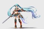  absurdly_long_hair aqua_eyes aqua_hair armor elbow_gloves full_body gauntlets gloves greaves hatsune_miku highres long_hair midriff miu_(angelo_whitechoc) necktie open_mouth scabbard sheath simple_background skirt solo sword thighhighs twintails very_long_hair vocaloid weapon 