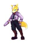  anthro belt black_nose boots brown_fur canine clothing eyewear fingerless_gloves footwear fox fox_mccloud fur gloves green_eyes gun handgun headset jacket male mammal nintendo plain_background ranged_weapon scarf solo star_fox unknown_artist video_games weapon white_fur 