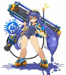  alternate_weapon blue_hair blush domino_mask fang full_body goggles goggles_on_head holding inkling jacket karukan_(monjya) long_hair mask one-piece_swimsuit paint paint_roller paint_splatter pointy_ears red_eyes revision school_swimsuit simple_background solo splat_roller_(splatoon) splatoon_(series) splatoon_1 standing swimsuit tentacle_hair weapon 