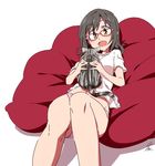  black_hair brown_eyes cat cushion glasses idolmaster idolmaster_cinderella_girls kamijou_haruna legs lying no_pants panties shirt short_hair t-shirt takeya_yuuki underwear 