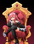  arukanu bare_shoulders black_footwear black_legwear boots crossed_legs detached_sleeves fang frills krul_tepes long_hair manami_tatsuya owari_no_seraph pink_hair pointy_ears red_eyes ribbon sitting solo thigh_boots thighhighs throne twintails vampire zettai_ryouiki 