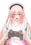  ahegao bad_id bad_pixiv_id blush breast_grab breasts controller dualshock game_controller gamepad grabbing headphones highres hoshi_yoshimi large_breasts long_hair looking_at_viewer nitroplus open_mouth pink_hair red_eyes rolling_eyes solo_focus super_sonico tongue tongue_out 