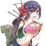  akebono_(kantai_collection) bell bikini bikini_top flower hair_bell hair_flower hair_ornament itomugi-kun jingle_bell kantai_collection long_hair looking_at_viewer machinery midriff mouth_pull navel pink_bikini purple_eyes purple_hair shirt_removed side_ponytail solo swimsuit tongue tongue_out 
