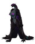  2015 anthro anthrofied areola big_breasts black_scales breasts capcom cape claws clothing dragon english_text erect_nipples eyeless female gore_magala grey_scales kpnsfw monster_hunter nipples nude plain_background purple_nipples purple_scales pussy scalie solo text toe_claws video_games white_background wings 