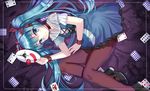  blue_eyes blue_hair card choker dress gendo0032 hatsune_miku karakuri_pierrot_(vocaloid) long_hair looking_at_viewer mask mask_removed pantyhose red_legwear solo twintails very_long_hair vocaloid 