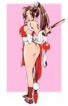  ass breasts brown_hair closed_fan fan fatal_fury folding_fan from_side full_body hand_to_own_mouth large_breasts long_hair looking_at_viewer looking_back matsuda_(matsukichi) pelvic_curtain ponytail revealing_clothes shiranui_mai sideboob simple_background solo standing the_king_of_fighters 