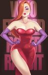  bad_id bad_pixiv_id bare_shoulders breasts cleavage dress earrings elbow_gloves gloves hair_over_one_eye hands_on_hips jessica_rabbit jewelry large_breasts lips lipstick long_hair looking_at_viewer makeup maou_alba red_dress red_hair solo thighs who_framed_roger_rabbit wide_hips 