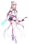  1girl arrow boots bow_(weapon) breasts choker detached_sleeves dress elsword eve_(elsword) facial_mark floating_hair flower full_body garter_straps hair_flower hair_ornament hairband highres holding holding_arrow holding_bow_(weapon) holding_weapon long_hair long_sleeves looking_at_viewer neck_ribbon orange_eyes red_ribbon ribbon ryu_nim short_dress silver_hair small_breasts solo standing thighhighs transparent_background very_long_hair weapon white_dress white_flower white_footwear white_hairband white_legwear white_sleeves 