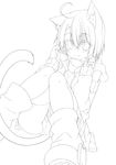  absurdres ahoge animal_ears boots cat_ears cat_tail detached_sleeves dodome-iro_mayonnaise eyewear_removed glasses greyscale highres holding holding_eyewear lineart looking_at_viewer monochrome original short_hair smile solo tail thighhighs 