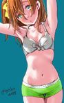  armpits arms_up blue_eyes blush bow bra front-tie_top gecko4488 hair_bow kousaka_honoka looking_at_viewer love_live! love_live!_school_idol_project midriff navel one_side_up open_mouth orange_hair short_hair simple_background solo teal_background thigh_gap twitter_username underwear yellow_bow 