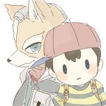  anthro black_eyes black_hair black_nose brown_fur canine clothing crossover duo earthbound_(series) fox fox_mccloud fur green_eyes hair hat headset human jacket male mammal ness nintendo plain_background scarf short_hair smile star_fox super_smash_bros unknown_artist video_games white_fur 