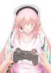  1girl bad_id bad_pixiv_id blush breast_grab breasts controller dualshock game_controller gamepad grabbing headphones highres hoshi_yoshimi large_breasts long_hair looking_at_viewer nitroplus o_o open_mouth pink_hair solo_focus super_sonico triangle_mouth wide_oval_eyes 