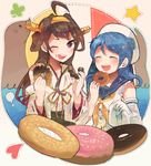  ahoge angel_french bite_mark black_eyes blue_hair brown_hair closed_eyes clover detached_sleeves double_bun doughnut eating food food_on_face four-leaf_clover french_cruller gloves gloves_removed hairband hat heart itomugi-kun japanese_clothes kantai_collection kongou_(kantai_collection) long_hair looking_at_viewer multiple_girls nontraditional_miko one_eye_closed open_mouth pon_de_ring seal sprinkles star urakaze_(kantai_collection) white_hat wide_sleeves yellow_neckwear 