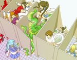  1boy bathroom blood from_above monster multiple_girls restroom sailor_uniform school_uniform serafuku skirt tentacle toilet twintails 
