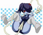 1girl artist_request blue_skin blush breasts hair_over_one_eye leviathan_(skullgirls) misaki_naoe polka_dot_background red_eyes side_ponytail skullgirls squigly_(skullgirls) stitched_mouth swimsuit thighhighs zombie 