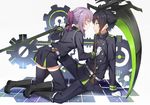  1girl black_footwear black_hair black_legwear boots brown_eyes girl_on_top gloves green_eyes hiiragi_shinoa hyakuya_yuuichirou kenkaizar knee_boots military military_uniform owari_no_seraph scythe sitting smile thighhighs uniform weapon white_gloves zettai_ryouiki 