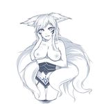  ahri animal_humanoid areola big_breasts blush breasts canine clothed clothing female fox fox_humanoid hair half-dressed human hybrid league_of_legends long_hair looking_at_viewer mammal multiple_tails nipples plain_background smile solo topless unknown_artist video_games white_background 