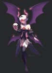  1girl bare_shoulders black_background black_legwear breasts dark_persona demon_horns demon_wings diadem elsword eve_(elsword) facial_mark full_body highres holding_skull horns looking_at_viewer multiple_wings purple_wings red_eyes ryu_nim see-through sidelocks silver_hair simple_background small_breasts smile solo standing thighhighs wings 