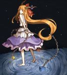  arianana barefoot brown_eyes brown_hair chain commentary full_body grin hair_ribbon horns ibuki_suika long_hair looking_at_viewer looking_back low-tied_long_hair oni orange_hair ribbon skirt sky sleeveless smile solo standing standing_on_liquid star_(sky) starry_sky touhou very_long_hair water wrist_cuffs 