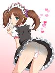  apron ass blush brown_hair bulge crossdressing dress finger_to_mouth frills green_eyes highres idolmaster idolmaster_side-m lace lace-trimmed_panties long_hair looking_at_viewer looking_back maid maid_headdress male_focus mizushima_saki nagiichi one_eye_closed open_mouth otoko_no_ko panties see-through solo twintails underwear 